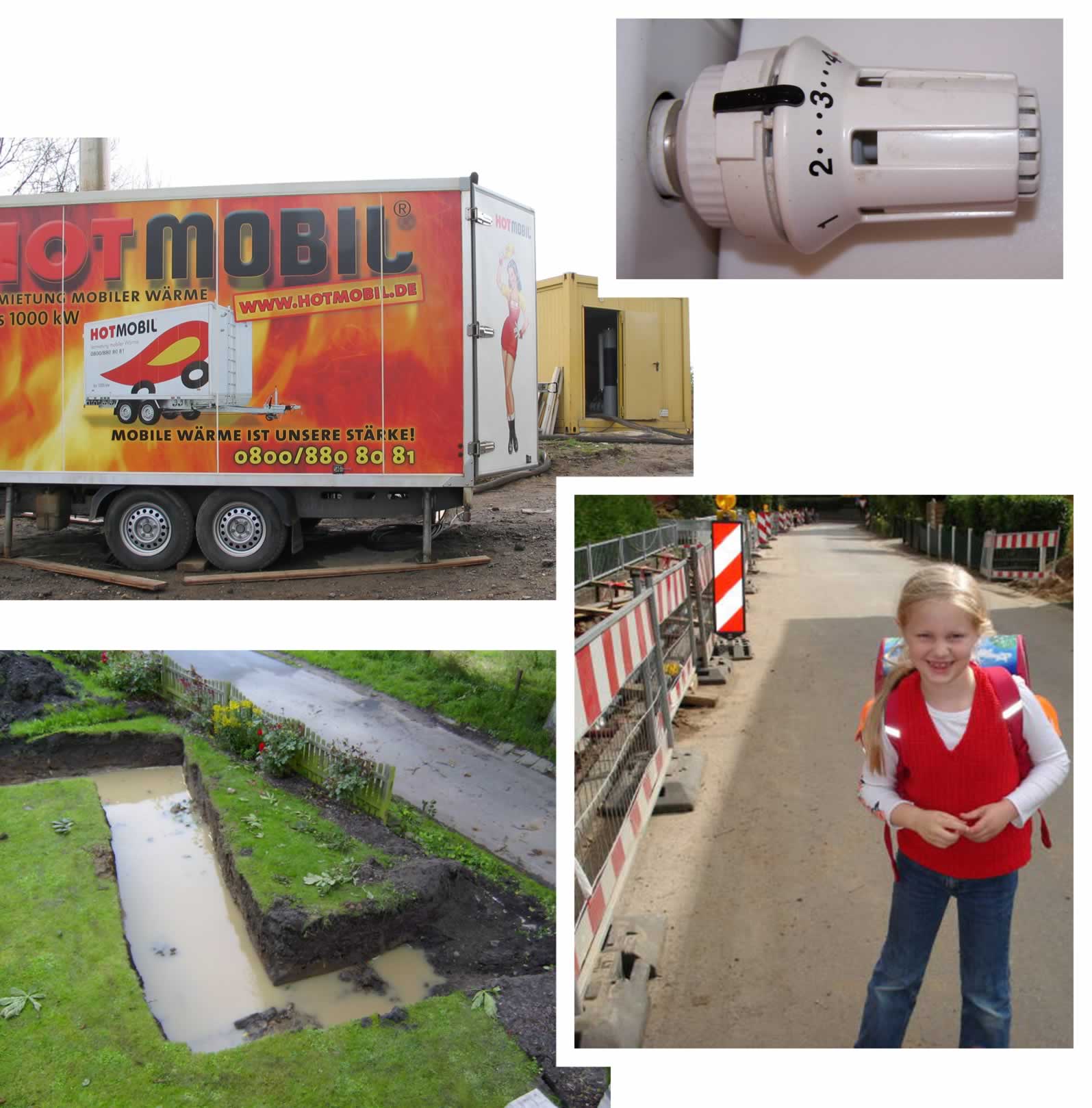 Sammelbild mit Hotmobil, Thermostatventil, voll Wasser gelaufenem Graben und ABC-Sch&uuml;tzin Hannah